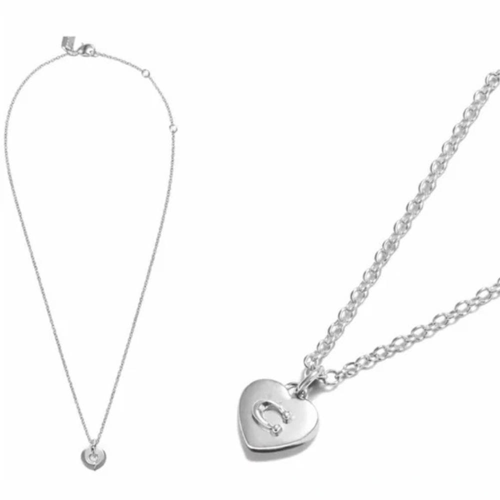 Coach Silver Heart Pendant Necklace Signature “C” Charm 18” Chain NWT Dust Bag